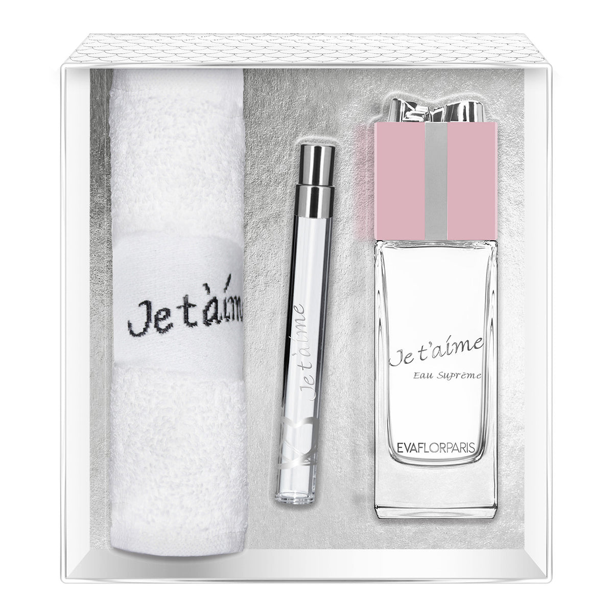 JE T AIME Eau Supr me 100 ml Eau de Parfum Gift Set 12 ml Spray Bag and a towel women s fragrance